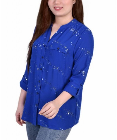 Petite Size 3/4 Sleeve Roll Tab Blouse with Metallic Details Top Blue $18.60 Tops