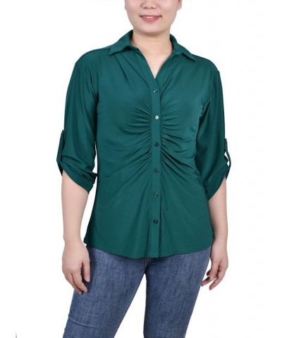 Petite 3/4 Roll Tab Rouched-Front Top Green $14.18 Tops