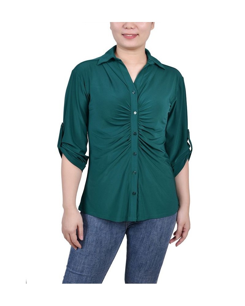 Petite 3/4 Roll Tab Rouched-Front Top Green $14.18 Tops