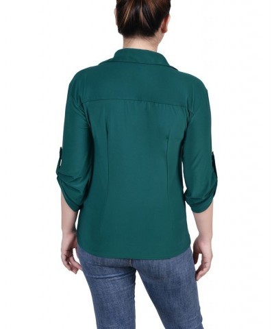 Petite 3/4 Roll Tab Rouched-Front Top Green $14.18 Tops