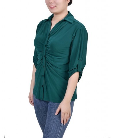 Petite 3/4 Roll Tab Rouched-Front Top Green $14.18 Tops