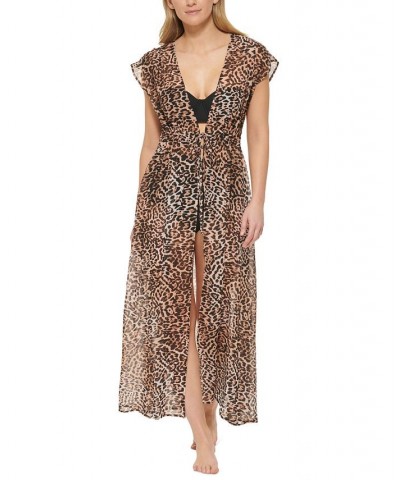 Women's Animal-Print St. Tropez Tie-Front Maxi Swim Cover-Up Jaguar $46.06 Swimsuits