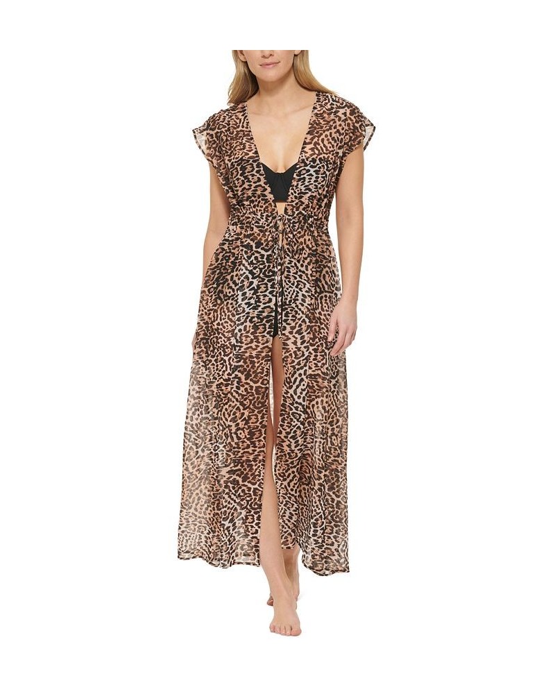 Women's Animal-Print St. Tropez Tie-Front Maxi Swim Cover-Up Jaguar $46.06 Swimsuits