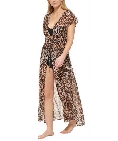 Women's Animal-Print St. Tropez Tie-Front Maxi Swim Cover-Up Jaguar $46.06 Swimsuits