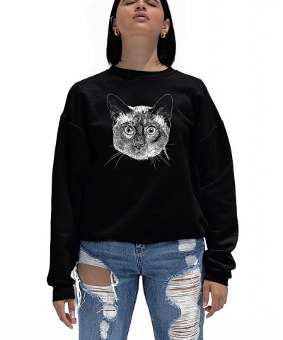 Women's Crewneck Word Art Siamese Cat Sweatshirt Top Black $23.00 Tops