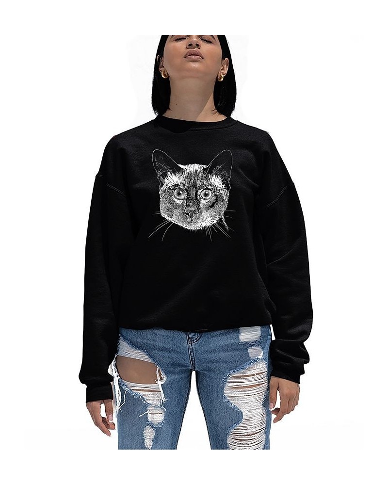 Women's Crewneck Word Art Siamese Cat Sweatshirt Top Black $23.00 Tops