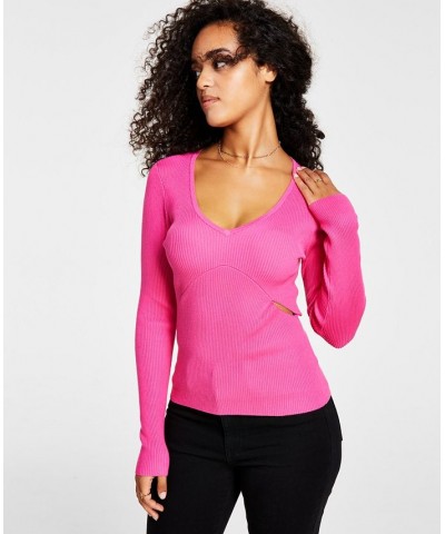 Women's Ribbed Side-Slit Sweater Pink $14.90 Sweaters