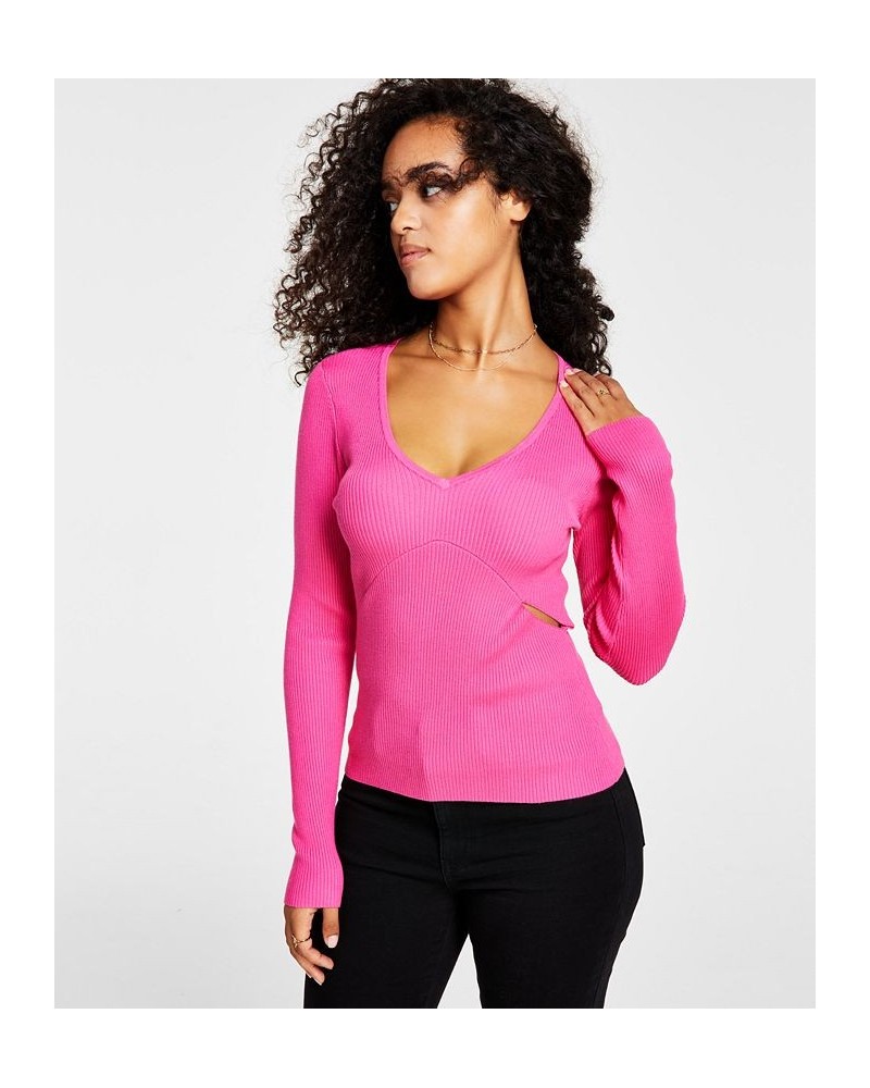 Women's Ribbed Side-Slit Sweater Pink $14.90 Sweaters