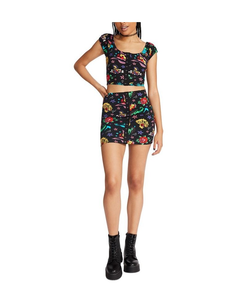 Women's Printed Snap-Front Mini Skirt Tattoo $13.41 Skirts