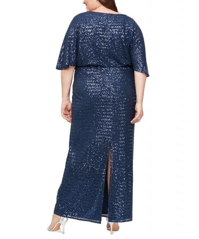 Plus Size Sequin Blouson Slit-Sleeve Dress Navy $88.77 Dresses