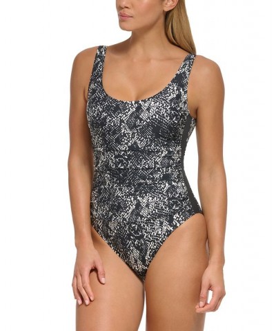 Women's Mesh-Side-Inserts Ruched-Waist One-Piece Swimsuit 2-Tone Snake Black $49.68 Swimsuits