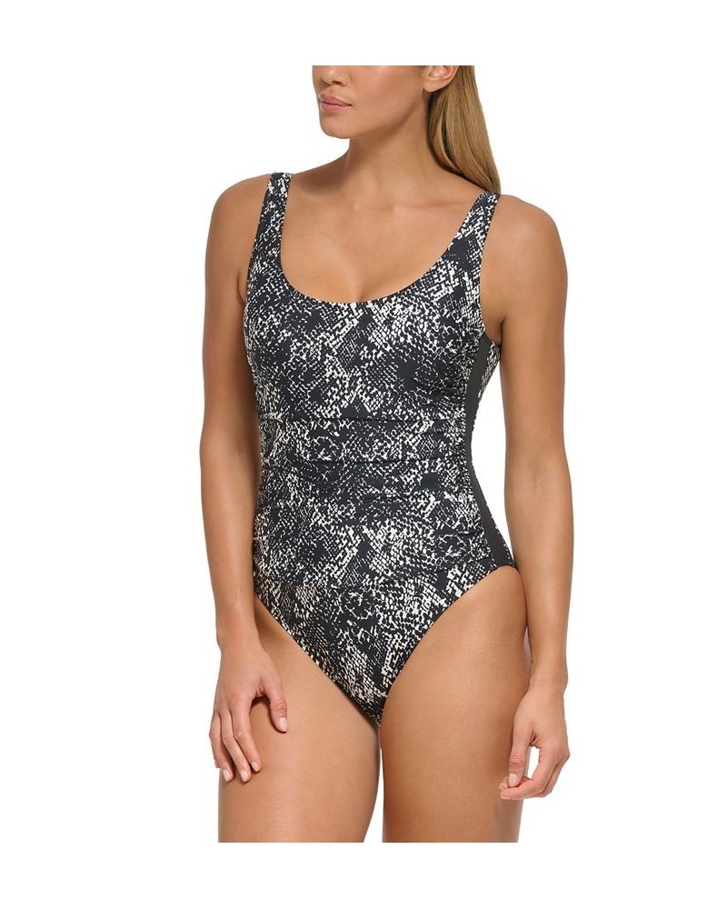 Women's Mesh-Side-Inserts Ruched-Waist One-Piece Swimsuit 2-Tone Snake Black $49.68 Swimsuits