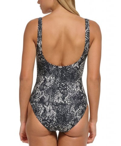 Women's Mesh-Side-Inserts Ruched-Waist One-Piece Swimsuit 2-Tone Snake Black $49.68 Swimsuits