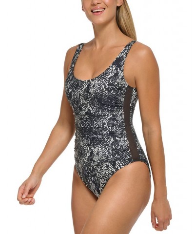 Women's Mesh-Side-Inserts Ruched-Waist One-Piece Swimsuit 2-Tone Snake Black $49.68 Swimsuits