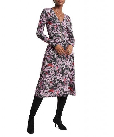 Women's Zip-Front Long-Sleeve A-Line Dress Purple $36.48 Dresses