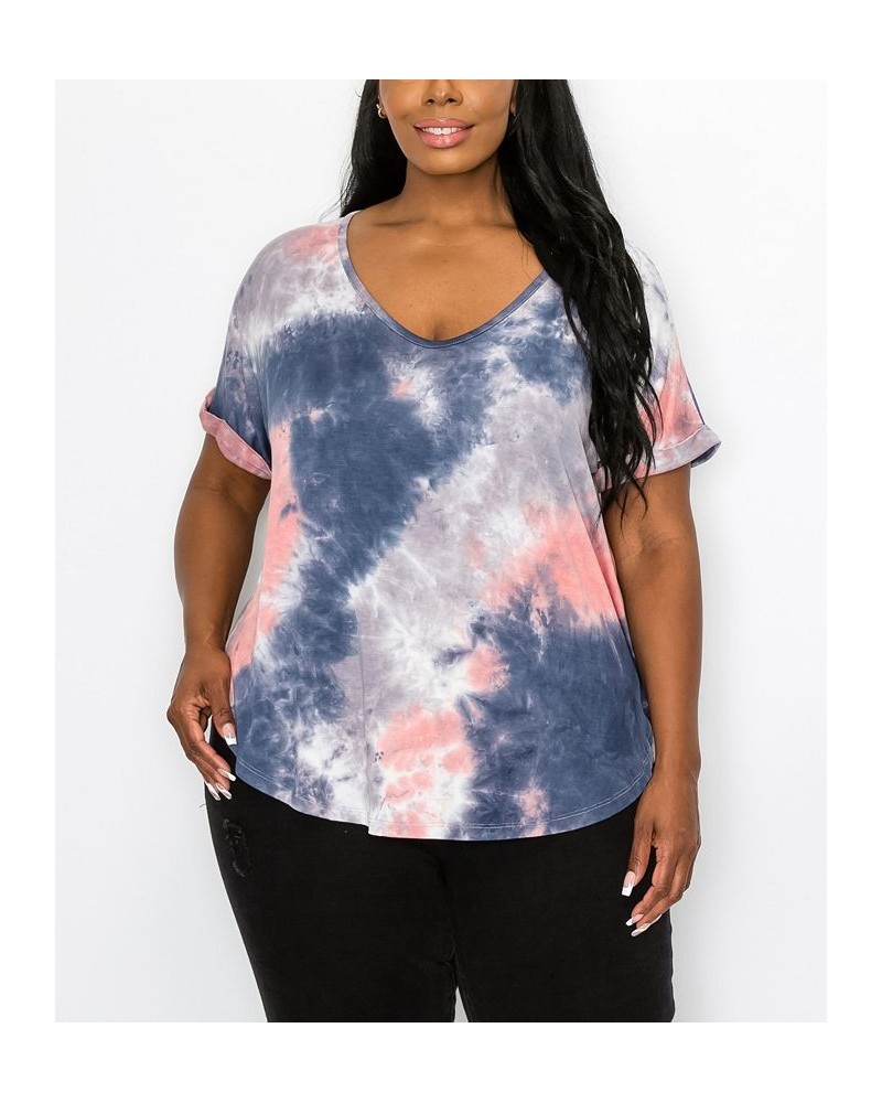 Plus Size Hand Tie Dye V-Neck Rolled Sleeve Top Coral/Slate $21.45 Tops