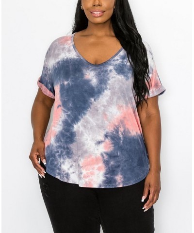 Plus Size Hand Tie Dye V-Neck Rolled Sleeve Top Coral/Slate $21.45 Tops