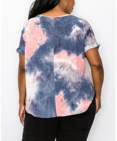 Plus Size Hand Tie Dye V-Neck Rolled Sleeve Top Coral/Slate $21.45 Tops