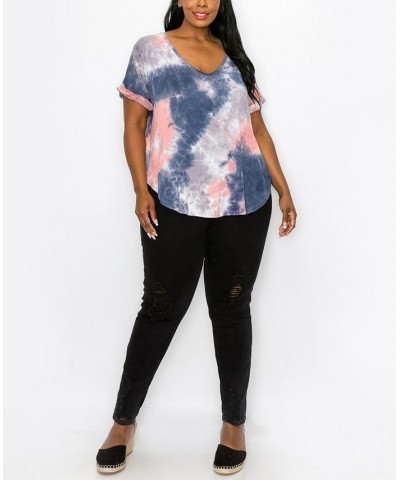 Plus Size Hand Tie Dye V-Neck Rolled Sleeve Top Coral/Slate $21.45 Tops