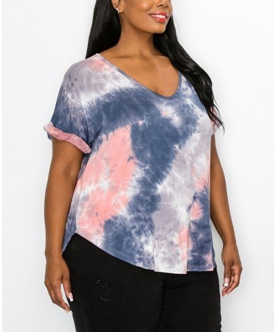 Plus Size Hand Tie Dye V-Neck Rolled Sleeve Top Coral/Slate $21.45 Tops