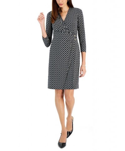 Women's Printed Embellished 3/4-Sleeve Faux-Wrap Dress Black/Vanilla Ice $34.24 Dresses