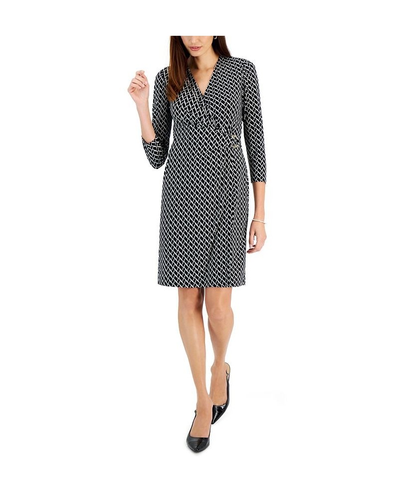 Women's Printed Embellished 3/4-Sleeve Faux-Wrap Dress Black/Vanilla Ice $34.24 Dresses