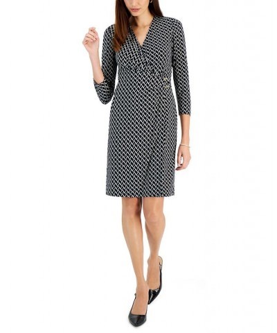 Women's Printed Embellished 3/4-Sleeve Faux-Wrap Dress Black/Vanilla Ice $34.24 Dresses