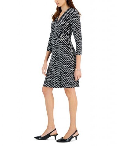 Women's Printed Embellished 3/4-Sleeve Faux-Wrap Dress Black/Vanilla Ice $34.24 Dresses