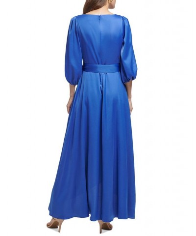 3/4-Sleeve Belted Faux-Wrap Gown Blue Quartz $105.16 Dresses