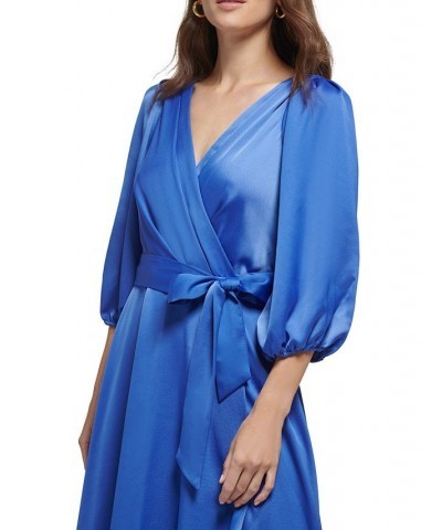 3/4-Sleeve Belted Faux-Wrap Gown Blue Quartz $105.16 Dresses