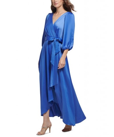 3/4-Sleeve Belted Faux-Wrap Gown Blue Quartz $105.16 Dresses