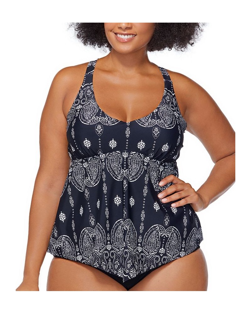 Plus Size Printed V-Hem Best Day Ever Trinidad Y-Back Tankini Swim Top Black $34.32 Swimsuits