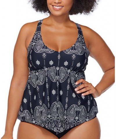 Plus Size Printed V-Hem Best Day Ever Trinidad Y-Back Tankini Swim Top Black $34.32 Swimsuits