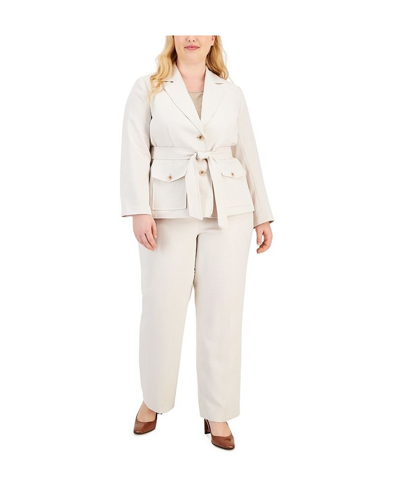 Plus Size Belted Safari Jacket Pantsuit Tan/Beige $137.60 Suits