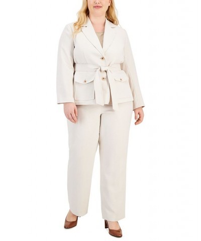 Plus Size Belted Safari Jacket Pantsuit Tan/Beige $137.60 Suits