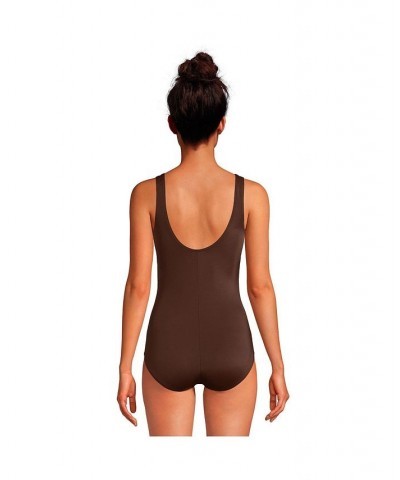 Women's Long Scoop Neck Soft Cup Tugless Sporty One Piece Swimsuit Rich Coffee $35.02 Swimsuits