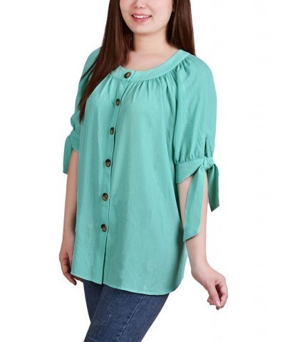 Petite Size Elbow Sleeve Tie-Sleeve Blouse Green $18.88 Tops