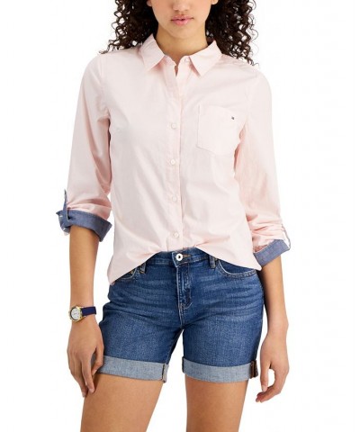 Women's Cotton Roll-Tab Button-Up Shirt Ballerina Pink $26.54 Tops