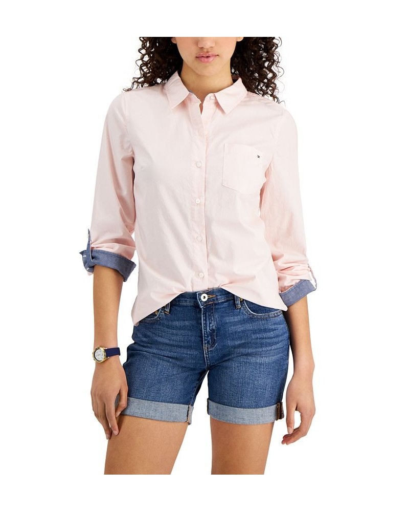 Women's Cotton Roll-Tab Button-Up Shirt Ballerina Pink $26.54 Tops