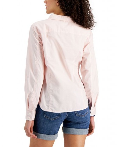 Women's Cotton Roll-Tab Button-Up Shirt Ballerina Pink $26.54 Tops