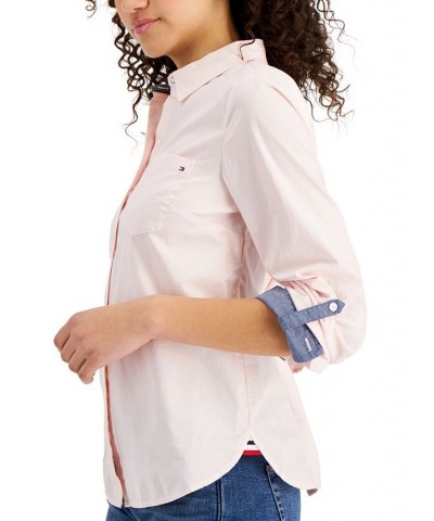 Women's Cotton Roll-Tab Button-Up Shirt Ballerina Pink $26.54 Tops