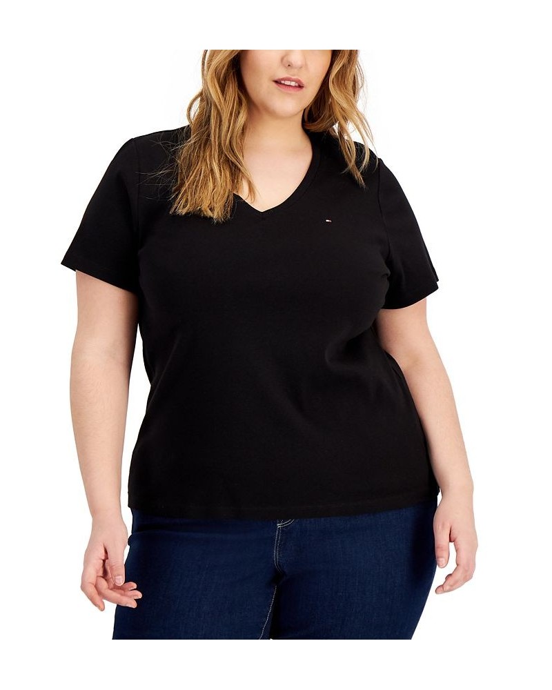 Plus Size V-Neck Flag T-Shirt Black $21.81 Tops