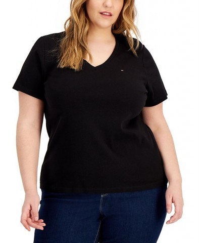 Plus Size V-Neck Flag T-Shirt Black $21.81 Tops