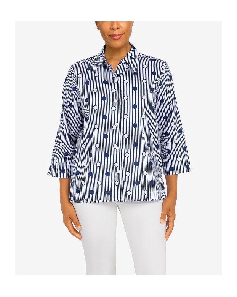 Petite Classics Dot Stripe 3/4 Sleeve Button Down Top Navy, White $36.14 Tops