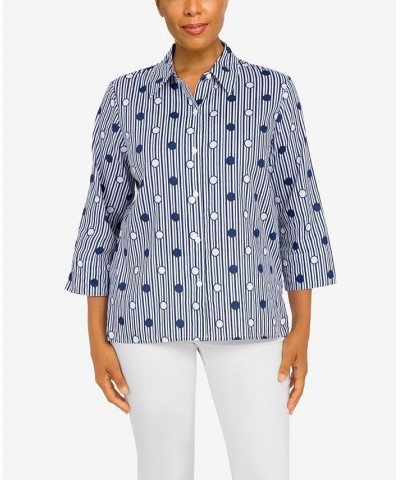 Petite Classics Dot Stripe 3/4 Sleeve Button Down Top Navy, White $36.14 Tops