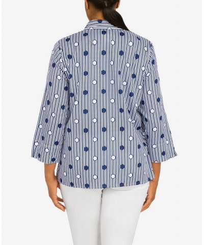 Petite Classics Dot Stripe 3/4 Sleeve Button Down Top Navy, White $36.14 Tops