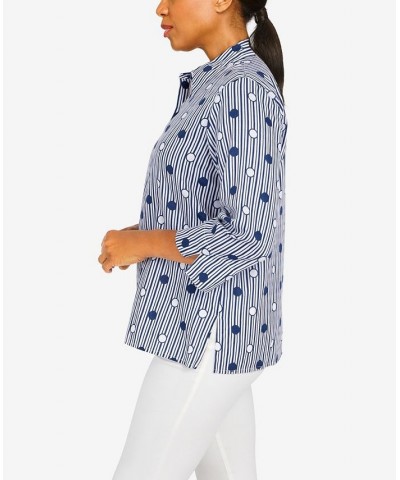 Petite Classics Dot Stripe 3/4 Sleeve Button Down Top Navy, White $36.14 Tops