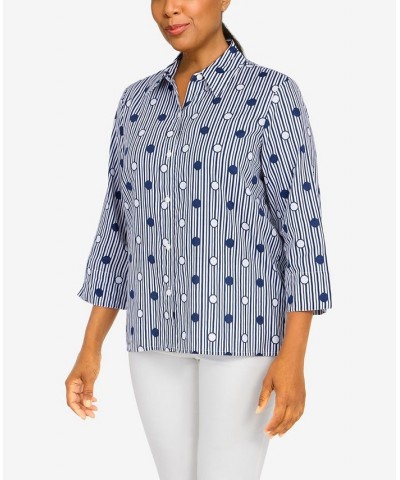 Petite Classics Dot Stripe 3/4 Sleeve Button Down Top Navy, White $36.14 Tops