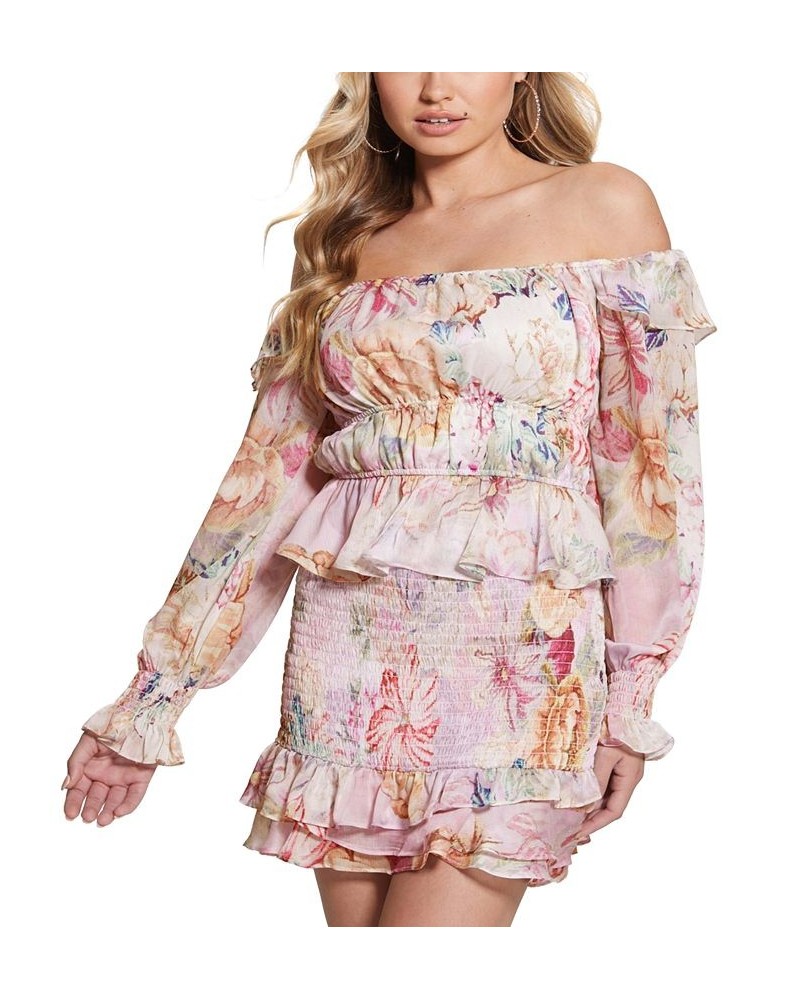 Women's Azura Off-The-Shoulder Ruffled Floral Top Digital Tapestry Print Pink $32.40 Tops