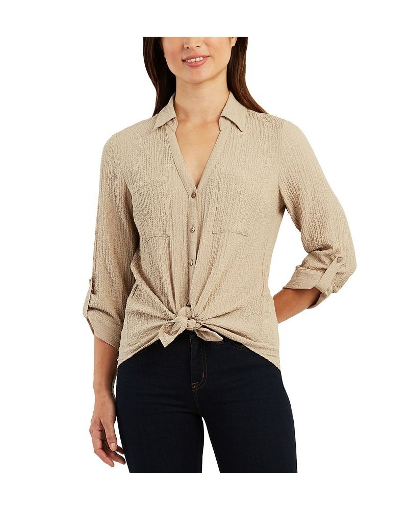 Juniors' Textured Roll-Tab Shirt Sand $22.05 Tops